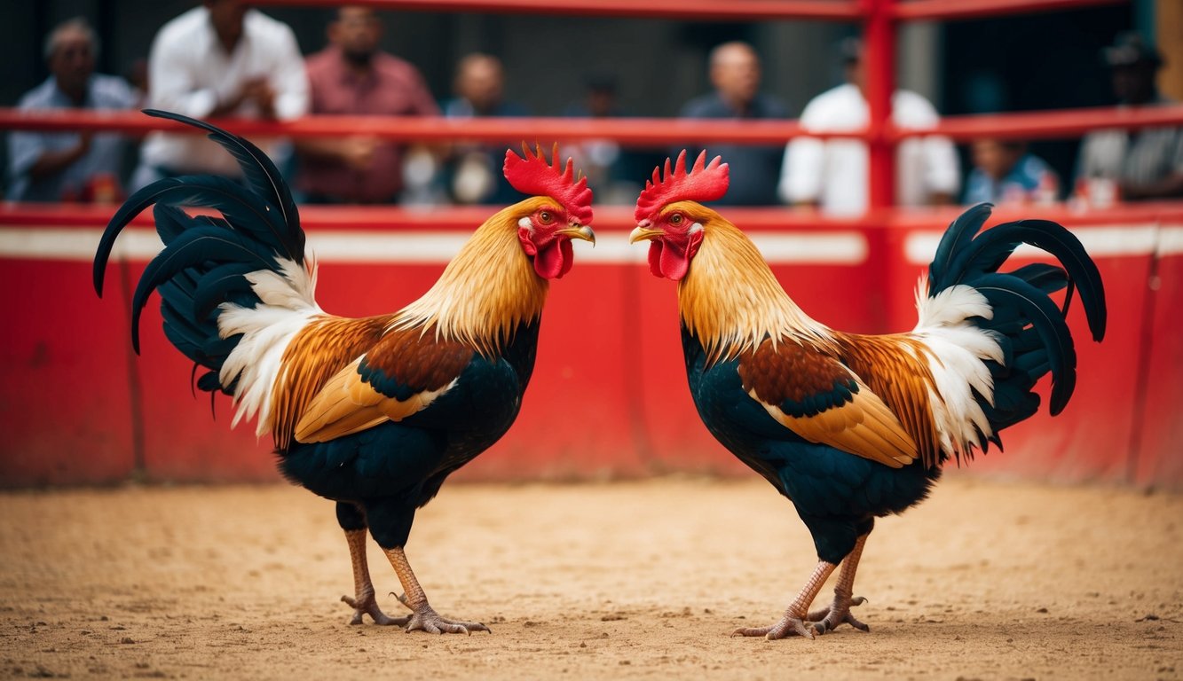 Dua ayam jantan berhadapan di arena sabung ayam tradisional