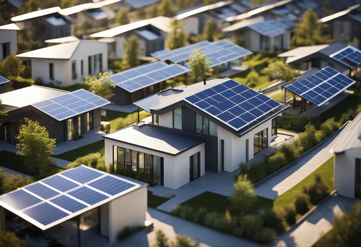 A house with solar panels on the roof, energy-efficient windows, and LED light bulbs throughout