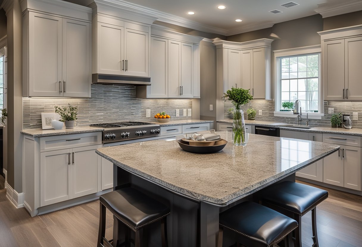 A modern kitchen with new countertops, cabinets, and appliances, featuring an open layout and ample natural light