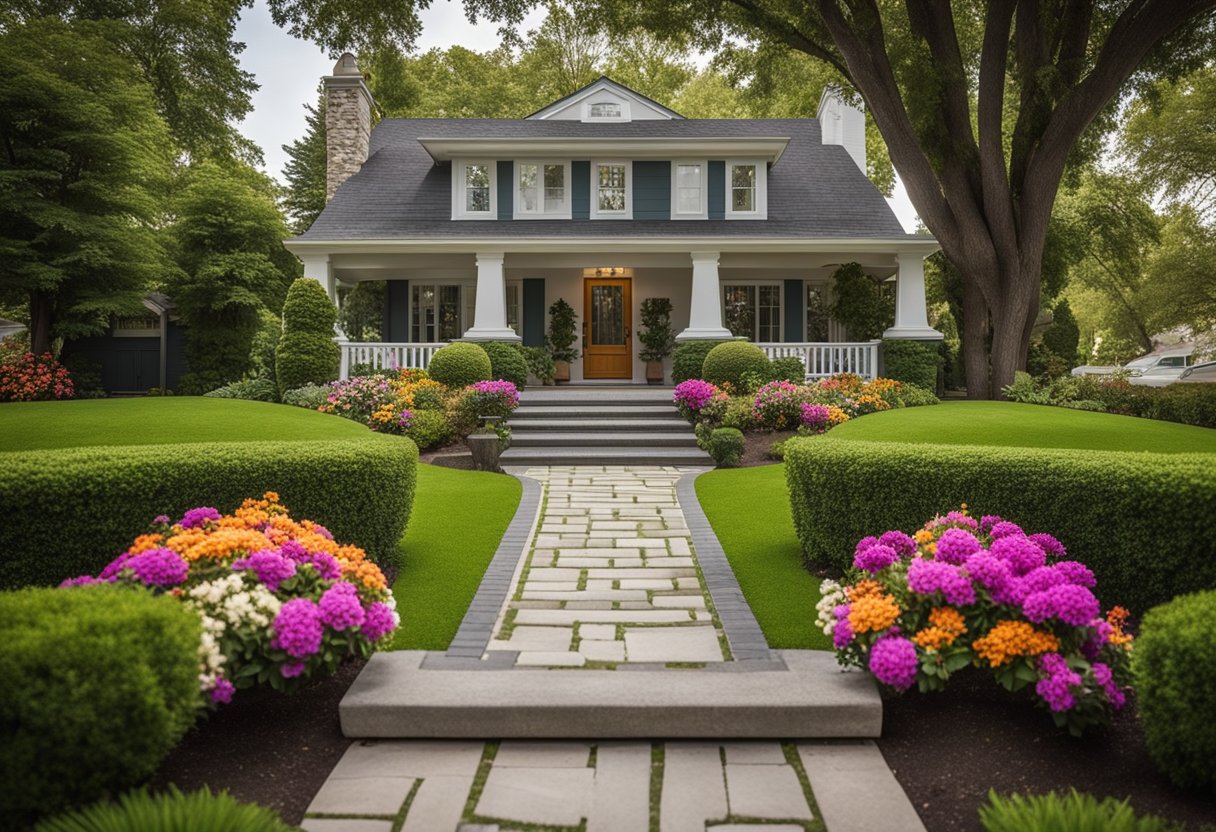 A well-maintained front yard with a manicured lawn, trimmed hedges, and colorful flowers. A freshly painted front door and clean, symmetrical walkway enhance the overall curb appeal