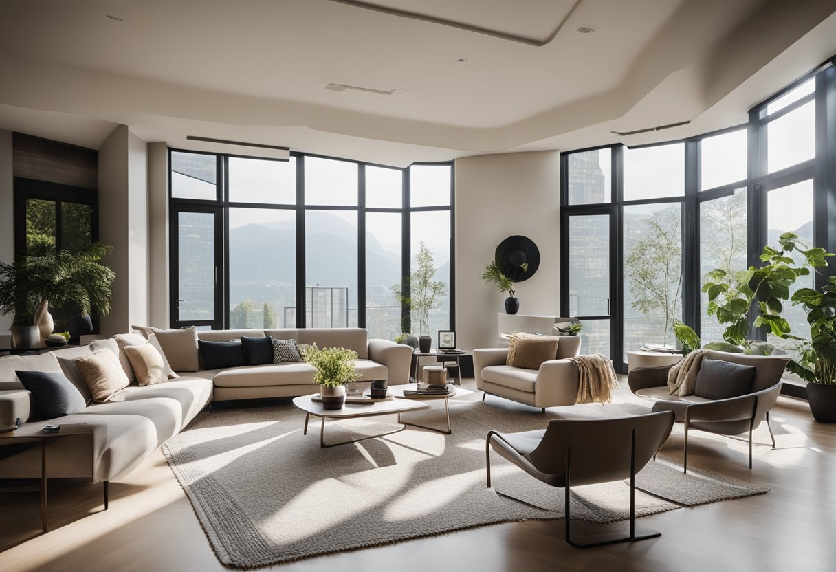 A living room with modern furniture, neutral color palette, and natural light streaming in through large windows