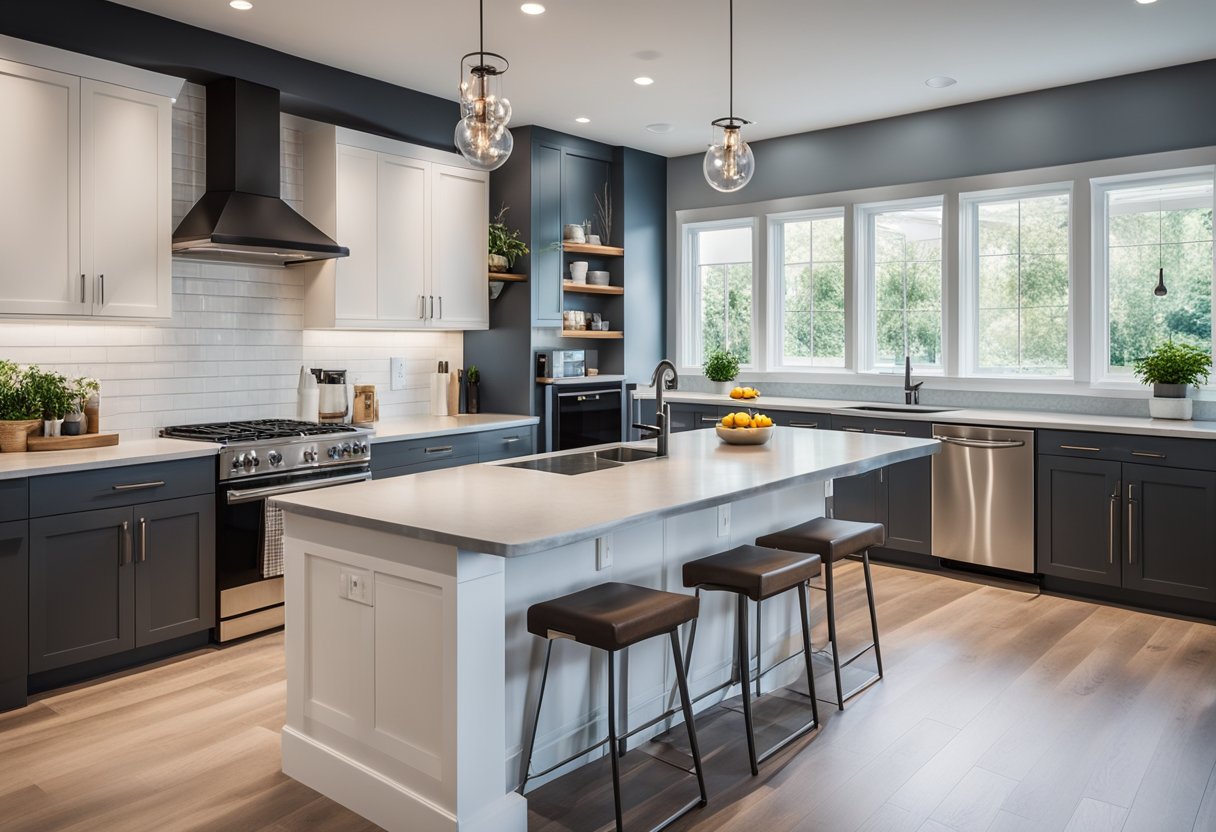 A newly renovated kitchen with modern appliances and a spacious island, opening up into a bright and airy living room with large windows and comfortable seating