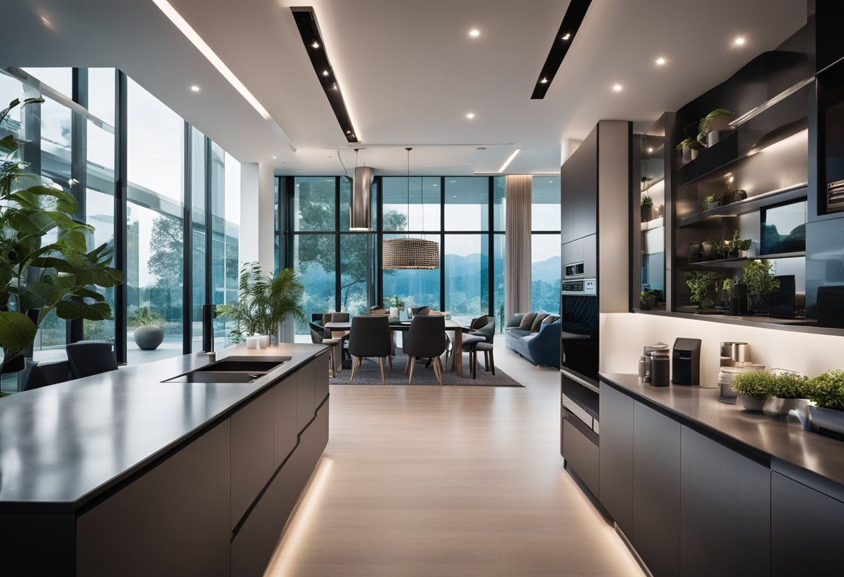 A modern, sleek smart home with automated lighting, climate control, security cameras, and voice-activated virtual assistant