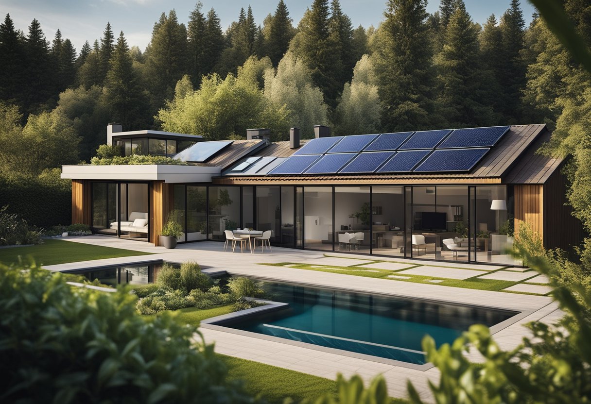 A modern home with solar panels, energy-efficient appliances, and a rainwater collection system in a lush garden
