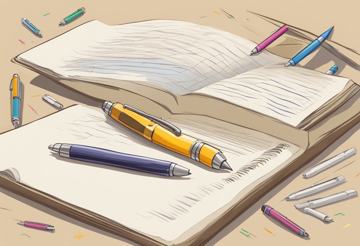 En pen skriver på en blank side, omgivet af forskellige verbbøjninger og grammatiske former