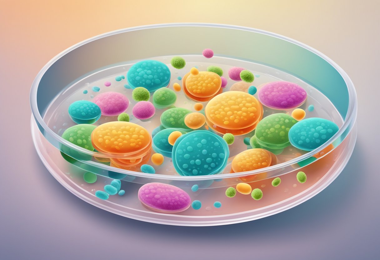 En petriskål med forskellige bakteriekolonier, der bliver angrebet af antibiotikamolekyler