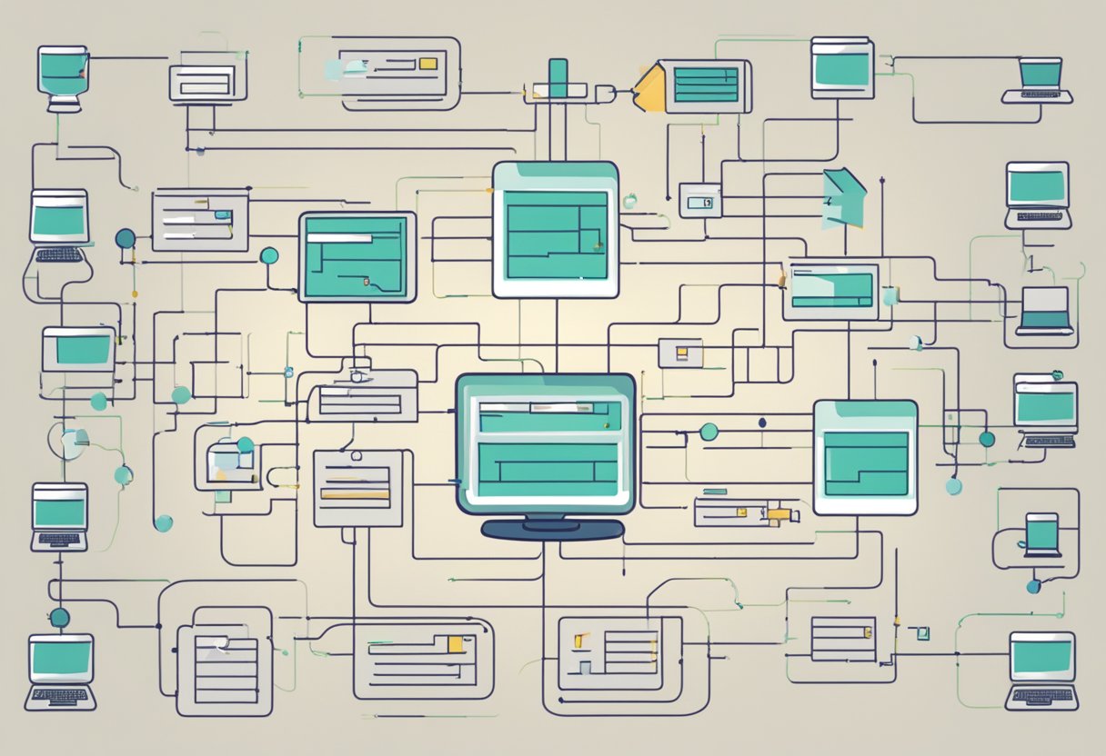 En computerskærm, der viser et flowdiagram med forskellige sammenkoblede former og linjer, der repræsenterer en algoritme