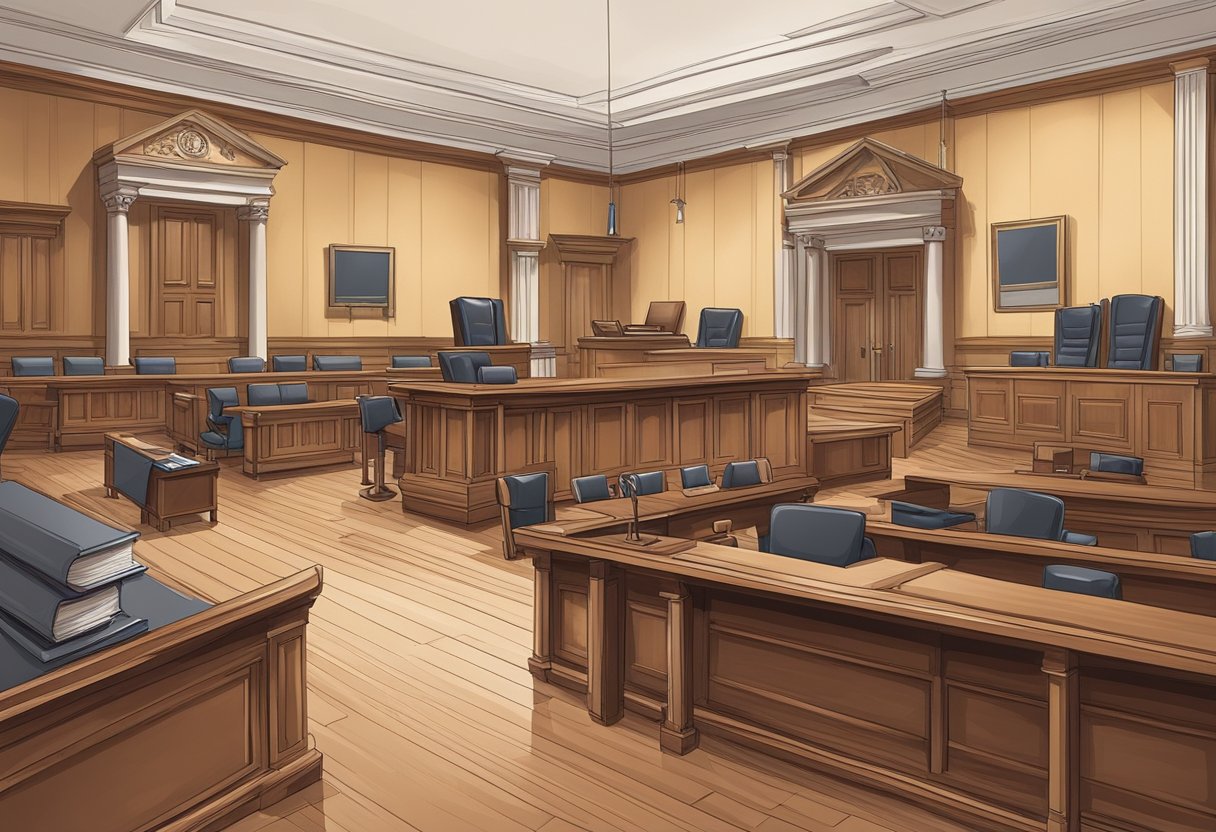 Et retssal med en dommerbænk, vidnestand og advokatborde. Bøger og juridiske dokumenter er spredt rundt i rummet.