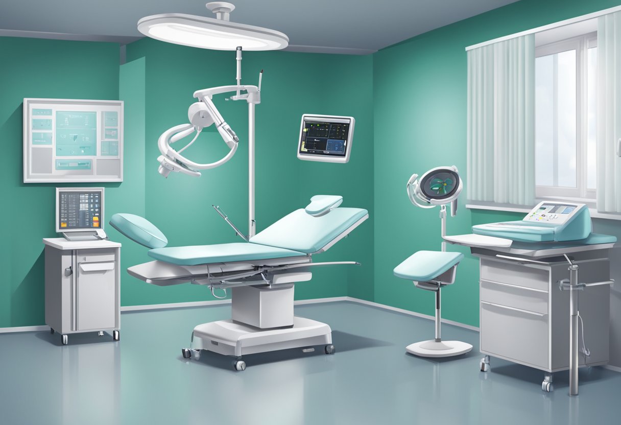 Et sterilt medicinsk rum med et gynækologisk bord og udstyr til indsættelse og overvågning af en intrauterin enhed