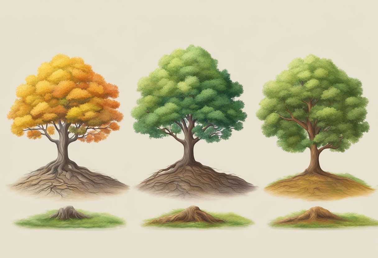 Et træ, der vokser gennem forskellige årstider, som symboliserer livsfaser og personlig vækst