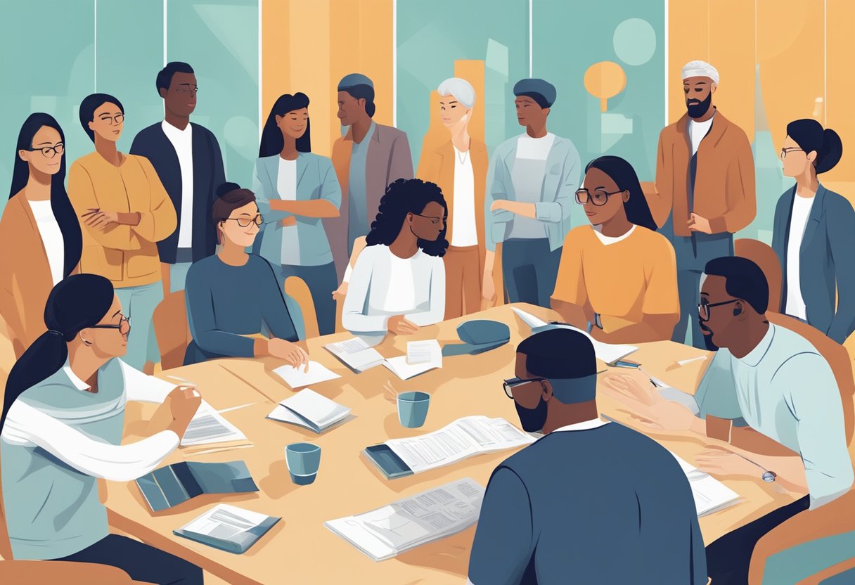 En mangfoldig gruppe af mennesker, der udveksler ideer og symboler fra forskellige kulturer, med fokus på kommunikation og forståelse