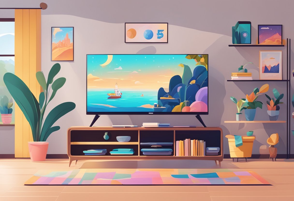 Et hyggeligt stue med et stort fladskærms-TV, der viser Disney Plus-grænsefladen med farverige ikoner og filmplakater