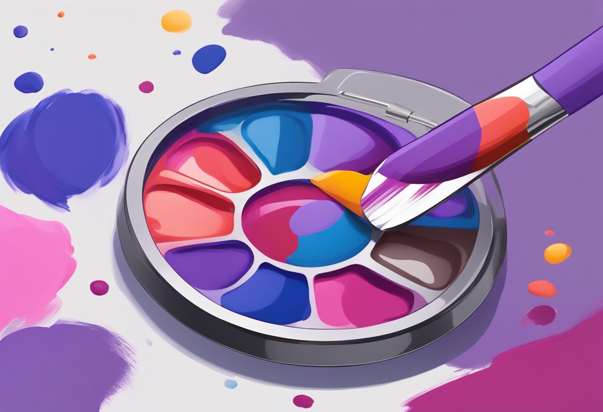 En palet med rød og blå maling, der blandes sammen for at skabe en nuance af lilla