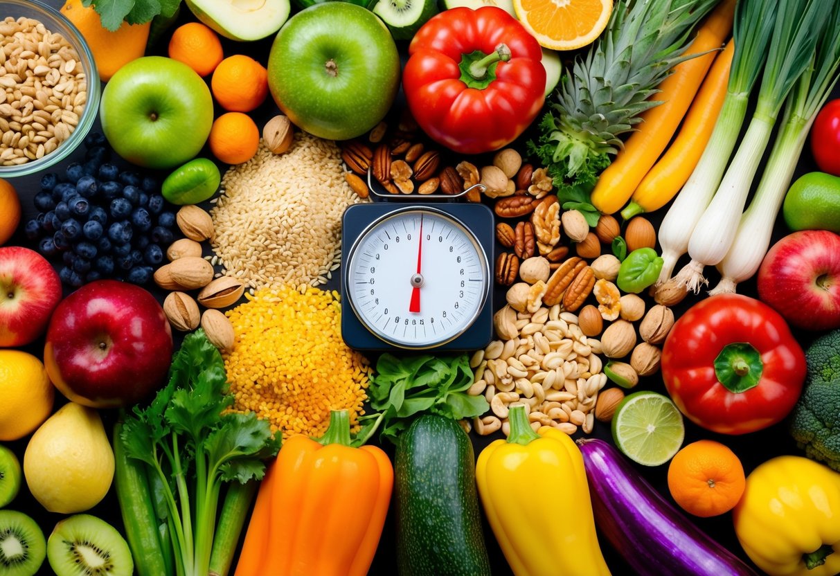 A colorful array of fruits, vegetables, nuts, and grains arranged on a table, with a scale nearby showing weight loss