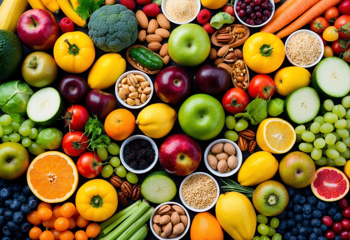 A colorful array of fresh fruits, vegetables, nuts, and grains arranged in a balanced and appetizing composition