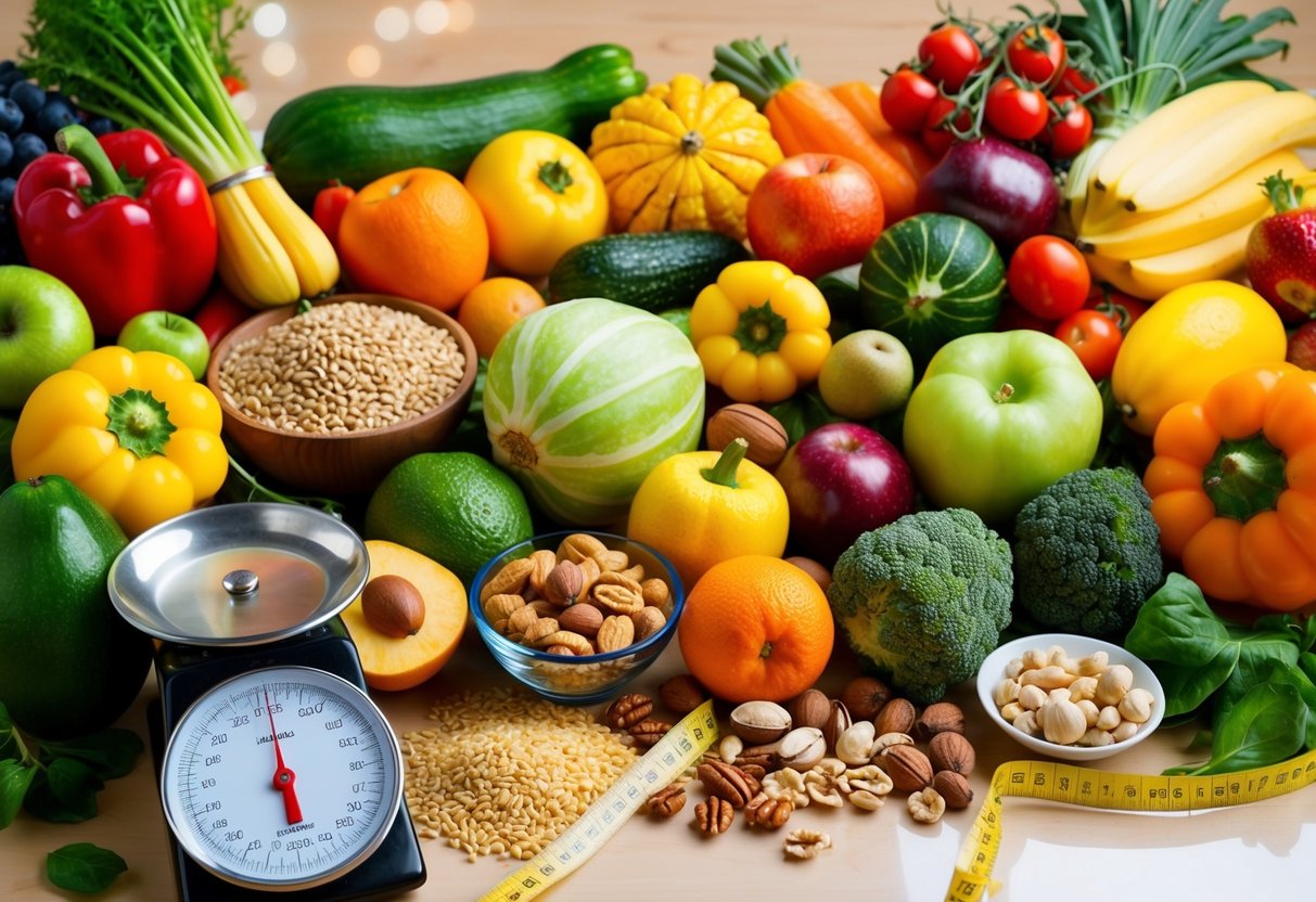 A colorful array of fresh fruits, vegetables, nuts, and grains arranged on a table, with a scale and measuring tape nearby