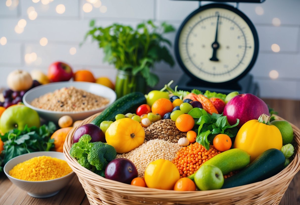 A colorful array of vibrant fruits, vegetables, grains, and legumes overflowing from a woven basket, with a scale in the background