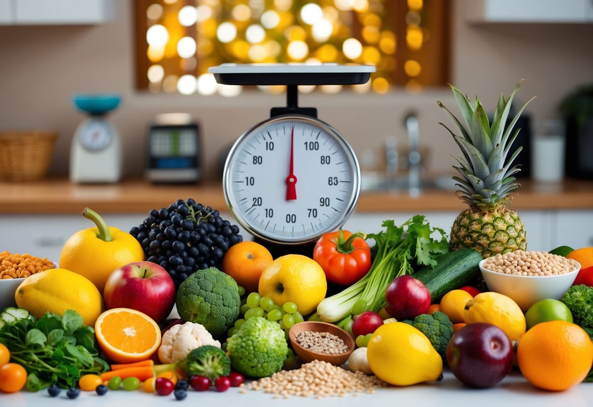 A colorful array of fruits, vegetables, grains, and legumes arranged on a table, with a scale in the background showing weight loss progress