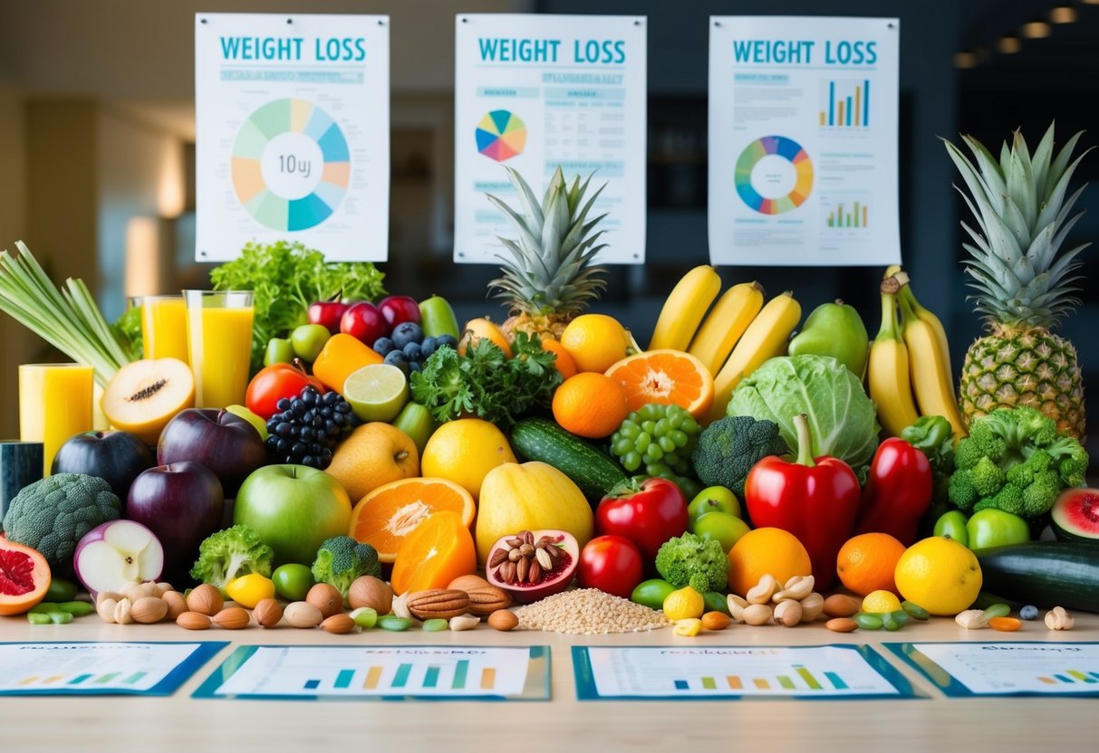 A colorful array of fresh fruits, vegetables, nuts, and grains arranged on a table, surrounded by scientific research papers and weight loss charts