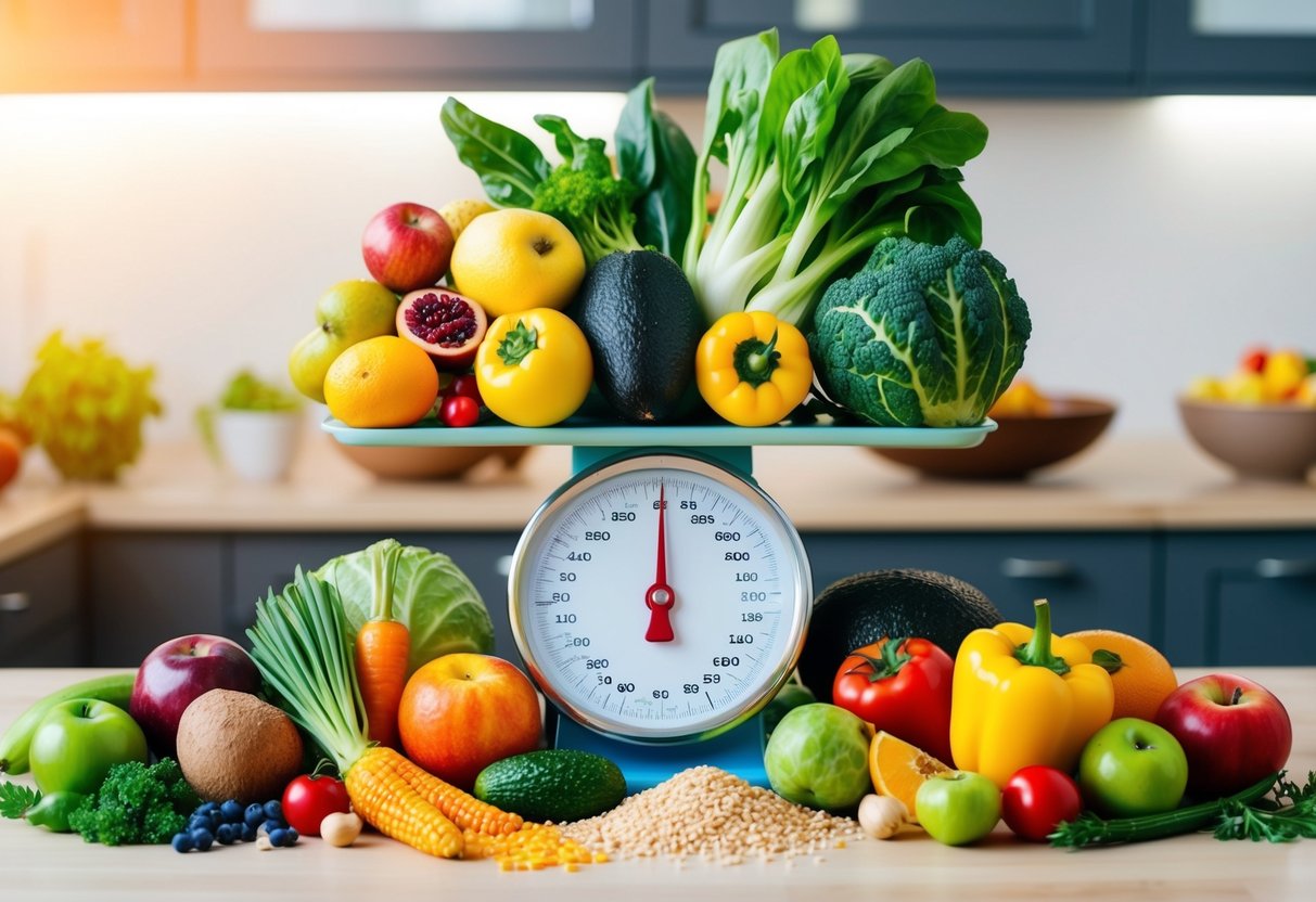 A colorful array of fruits, vegetables, and grains arranged around a scale, symbolizing the potential for weight loss through a plant-based diet