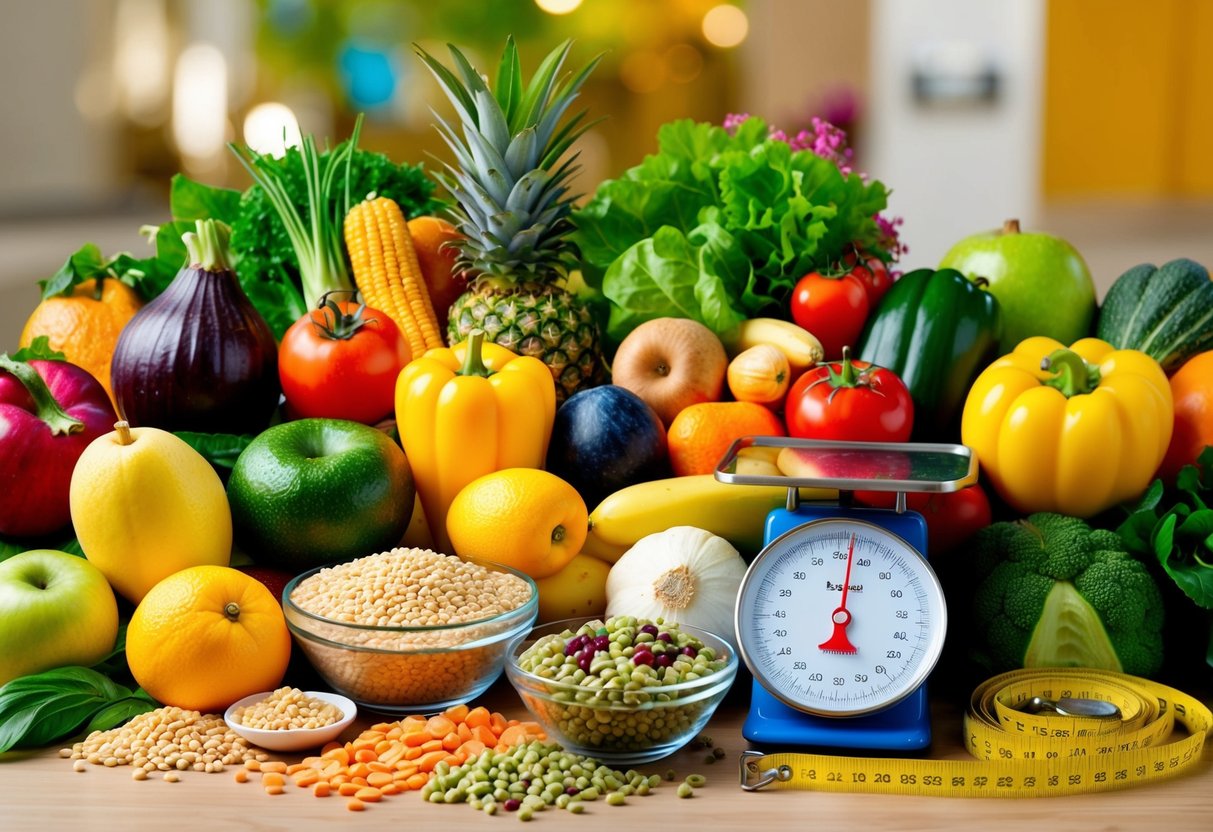 A colorful array of fresh fruits, vegetables, grains, and legumes arranged on a table, with a scale and measuring tape nearby