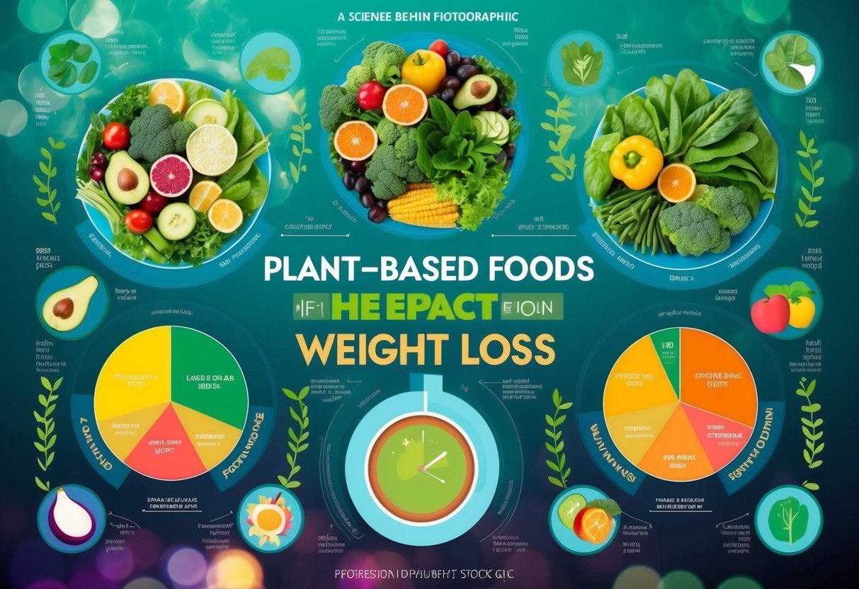 A colorful infographic showing various plant-based foods and their impact on weight loss, with charts and diagrams illustrating the science behind vegan diets