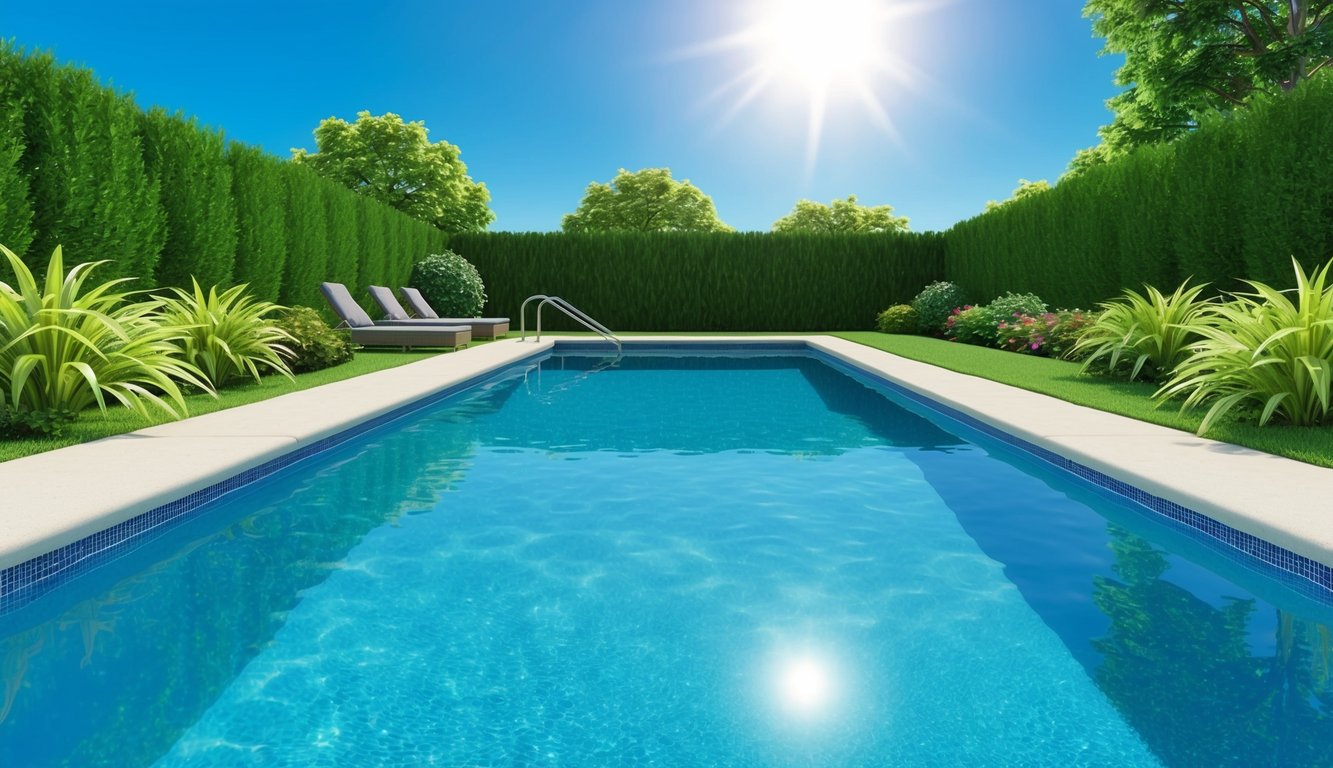 A clear blue swimming pool with no signs of algae growth, surrounded by lush green landscaping and a bright, sunny sky overhead