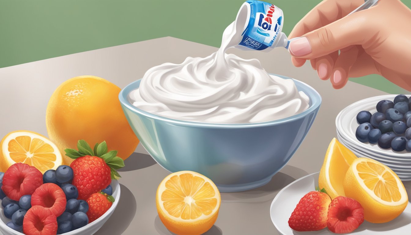 A diabetic measures out a portion of Cool Whip onto a dessert, alongside a plate of fresh fruit and a glass of water