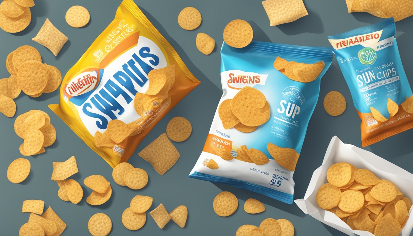 A diabetic person holding a bag of Sun Chips, with a nutrition label visible, alongside a pile of other snack options for comparison