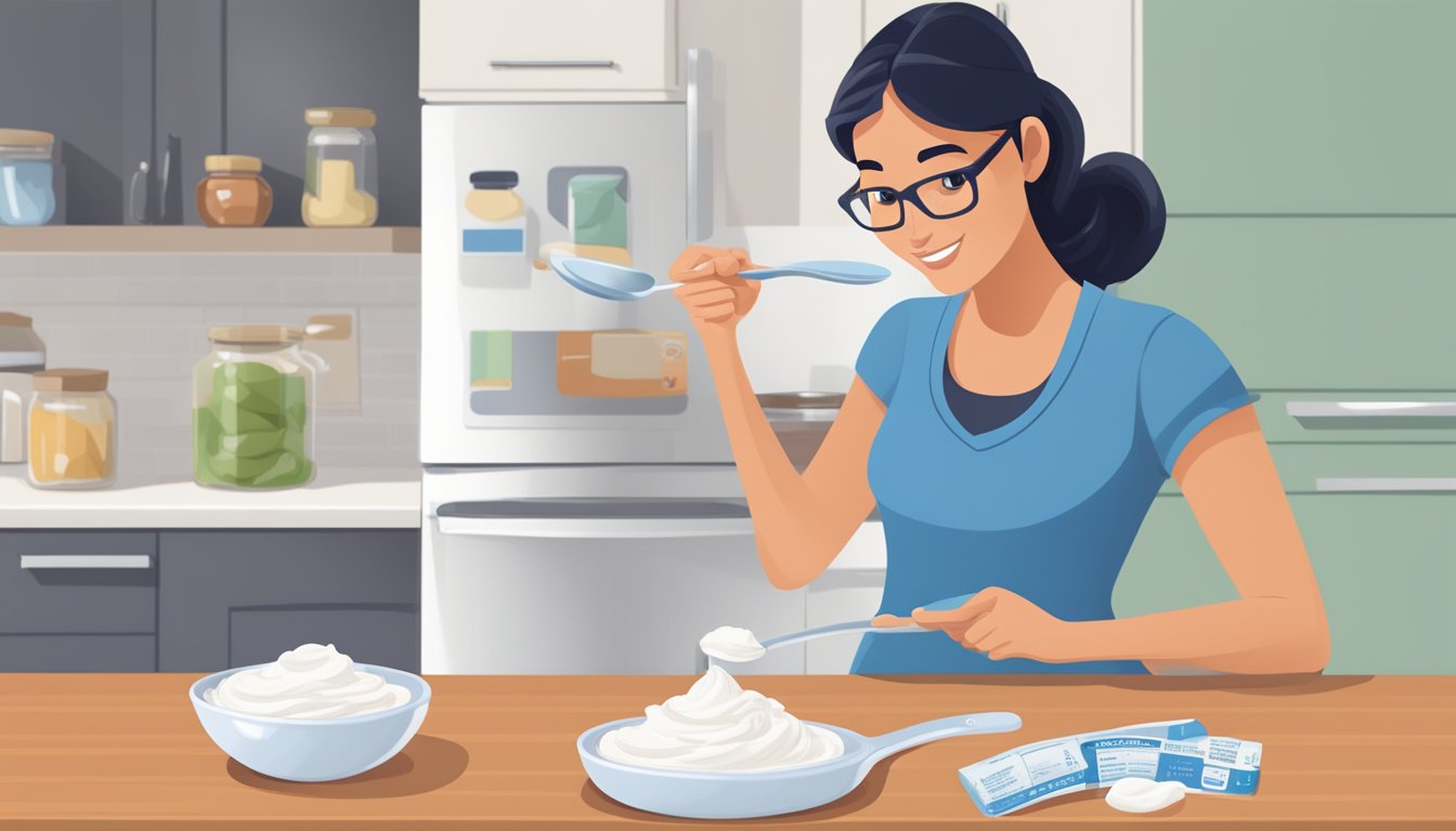 A diabetic measuring out a serving of Cool Whip using a measuring spoon on a kitchen counter next to the nutritional information label