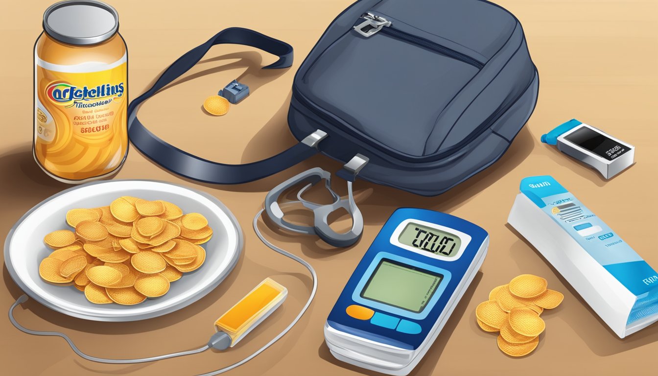 A table with a bag of Sun Chips, a nutrition label, and a blood glucose monitor