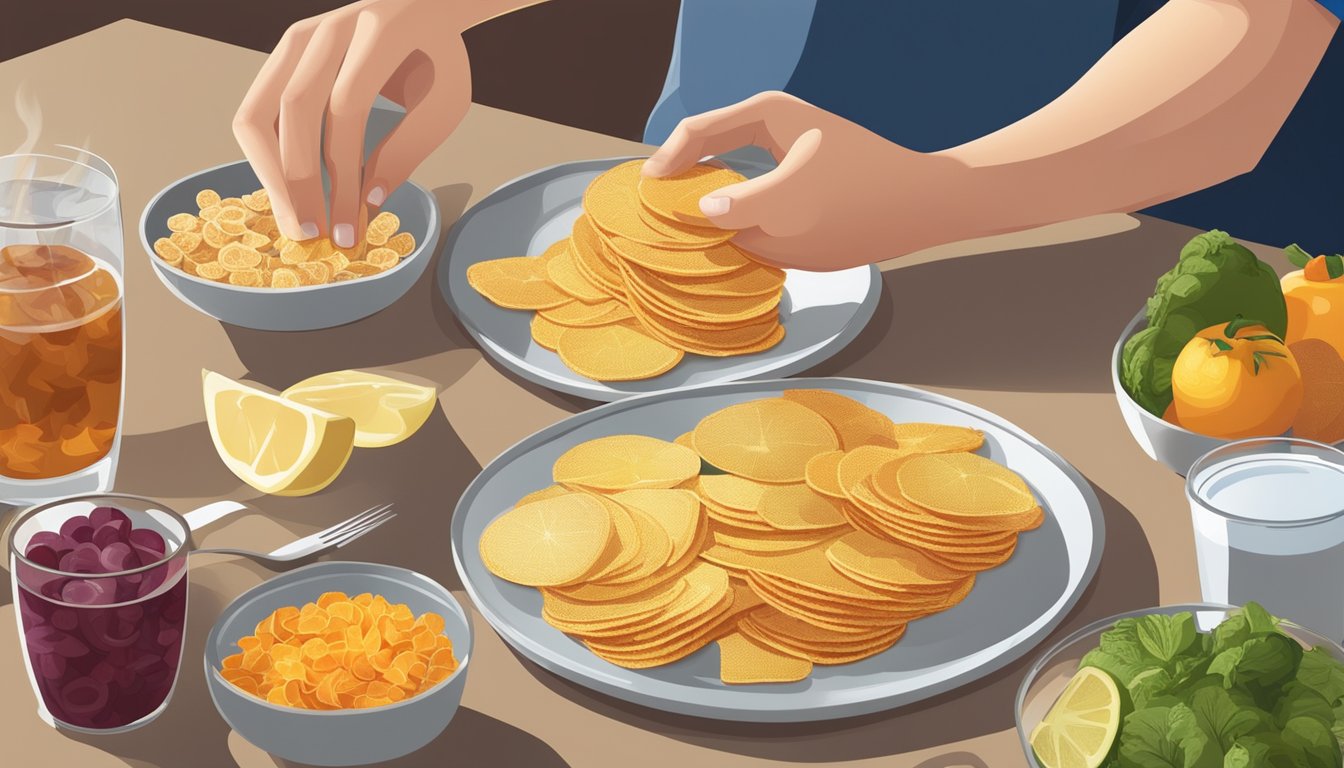 A person with diabetes carefully counts out a portion of Sun Chips onto a plate, accompanied by a variety of healthy foods and a glass of water