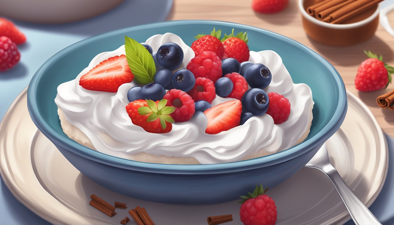 A diabetic-friendly dessert with a dollop of Cool Whip on top, surrounded by fresh berries and a sprinkle of cinnamon