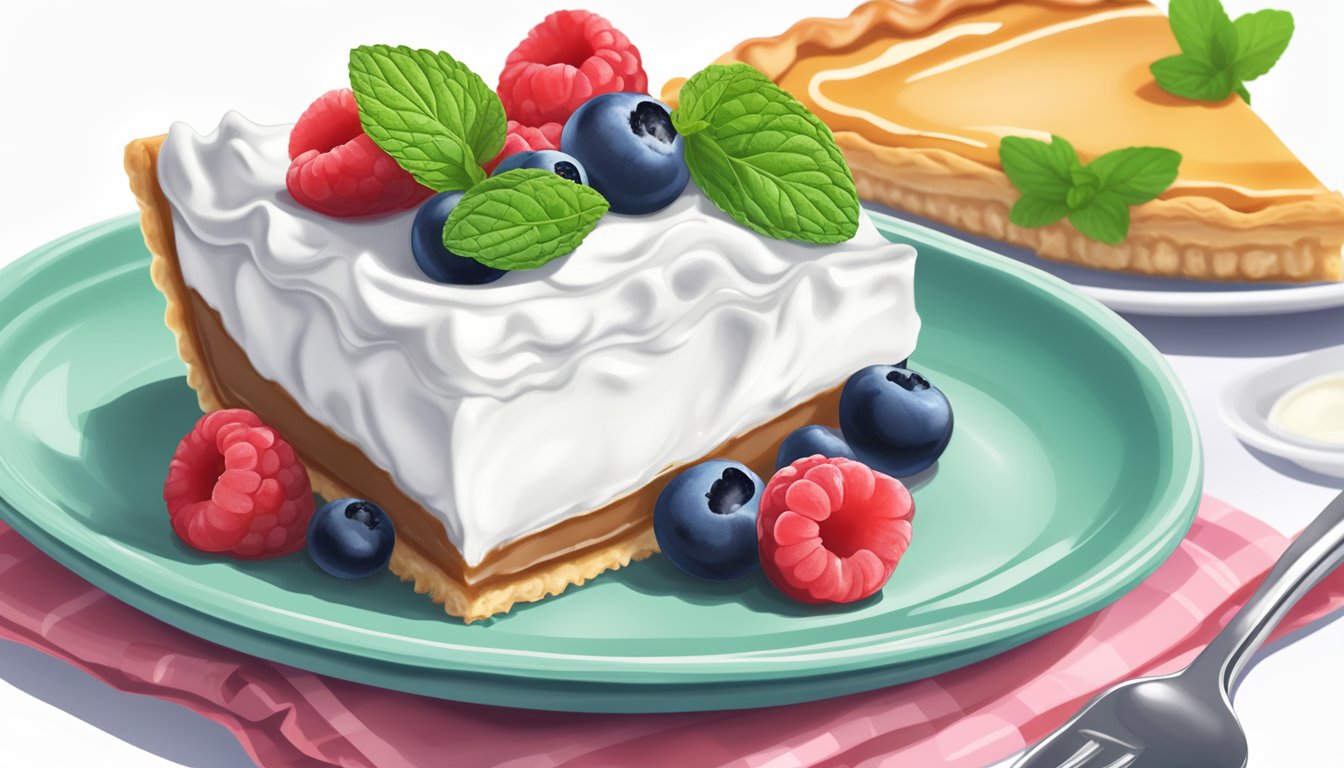 A diabetic-friendly dessert with a dollop of Cool Whip on top of a slice of sugar-free pie, surrounded by fresh berries and a mint leaf