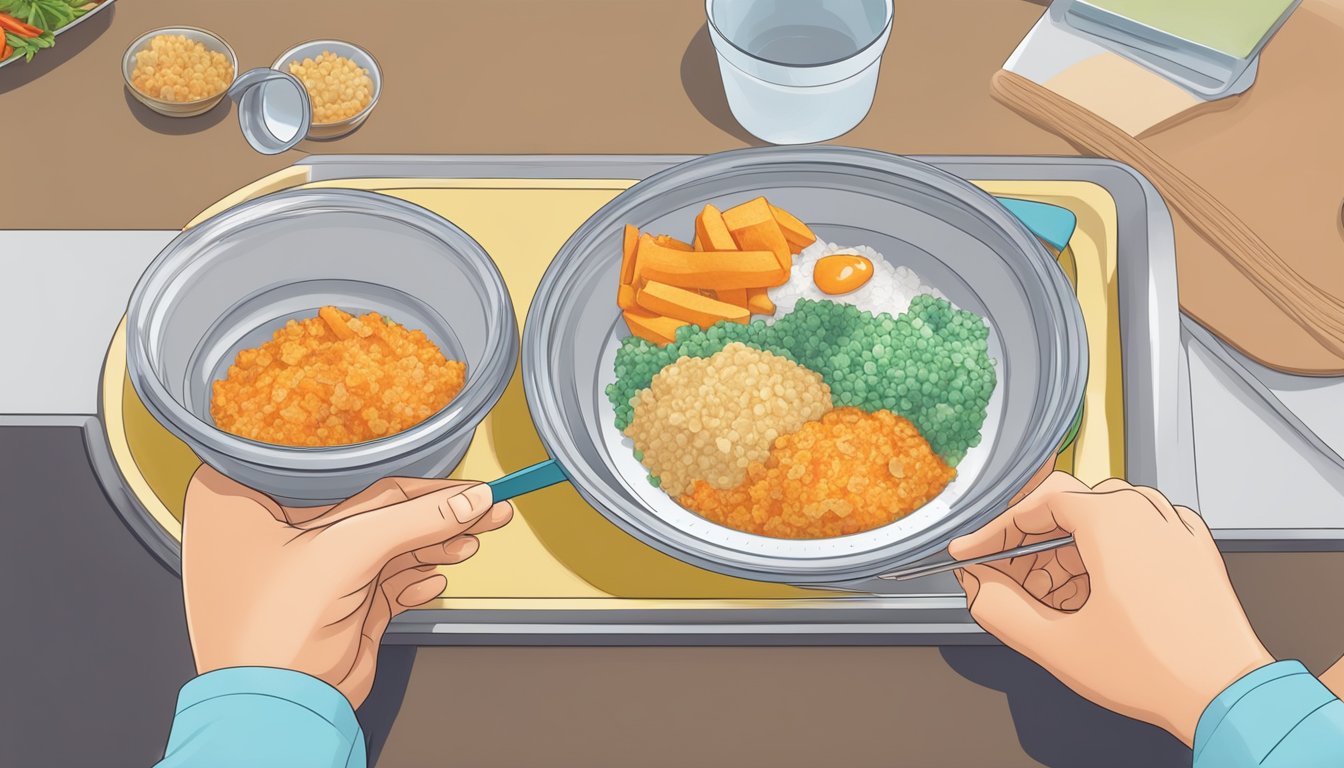 A diabetic person carefully measuring out a portion of Lean Cuisine frozen meal onto a plate using a measuring cup