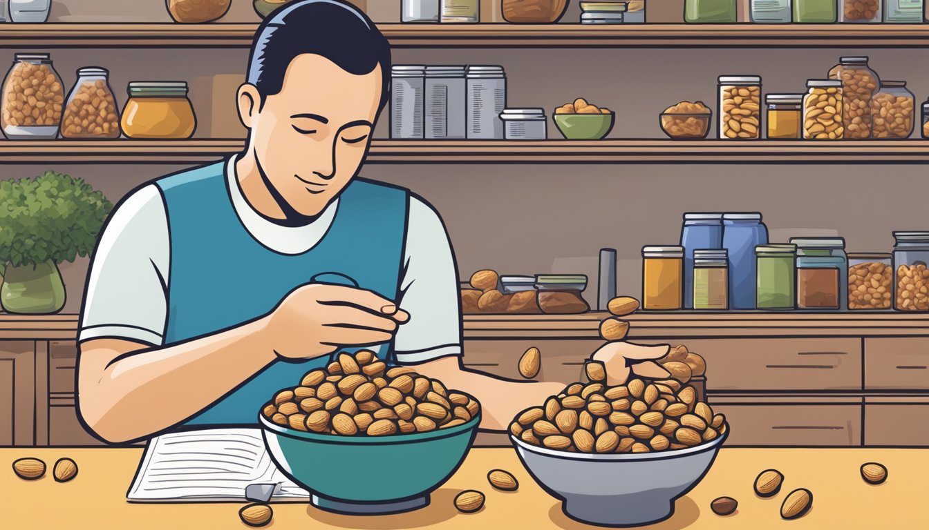 A diabetic carefully measures out a portion of Planters peanuts into a small bowl, surrounded by a variety of nuts and a diabetes education pamphlet