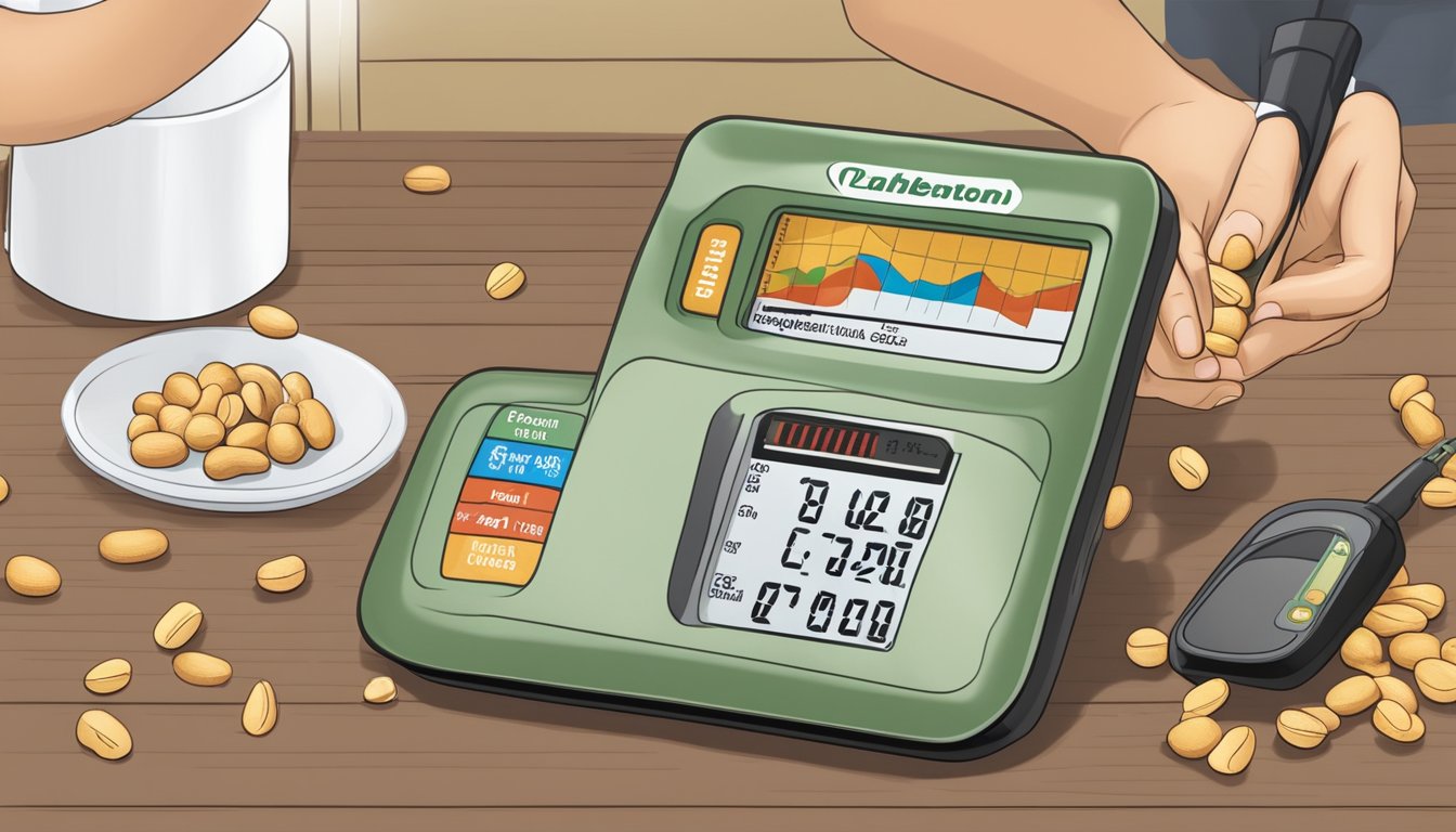 A diabetic measuring out a portion of Planters peanuts with a nutrition label and a blood glucose monitor nearby