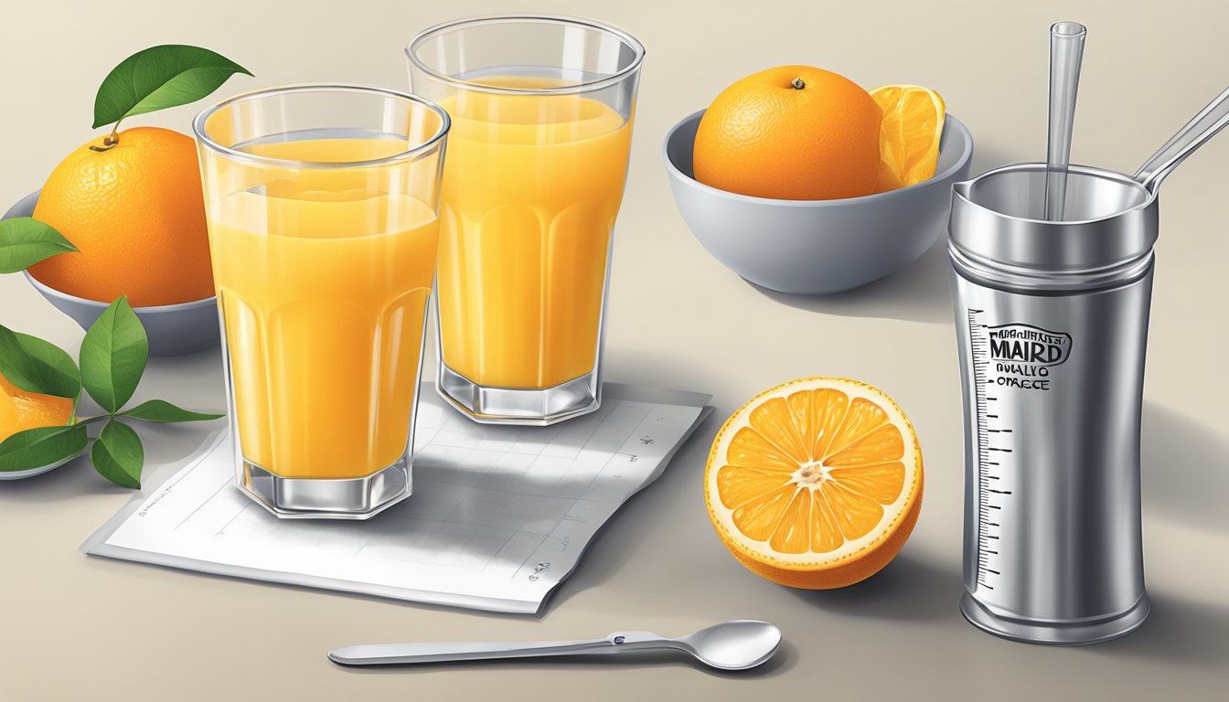 A glass of Minute Maid orange juice with a measuring cup beside it