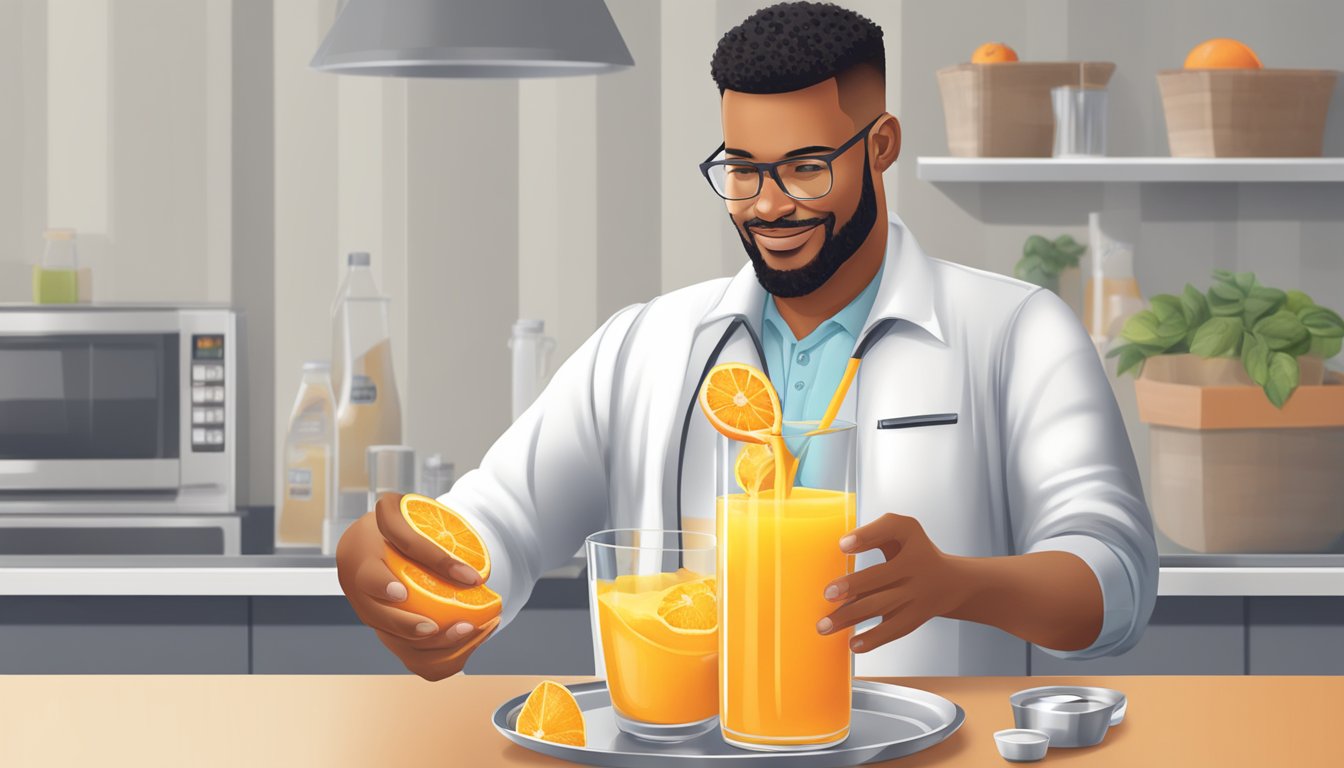 A diabetic pouring a measured amount of Minute Maid orange juice into a glass