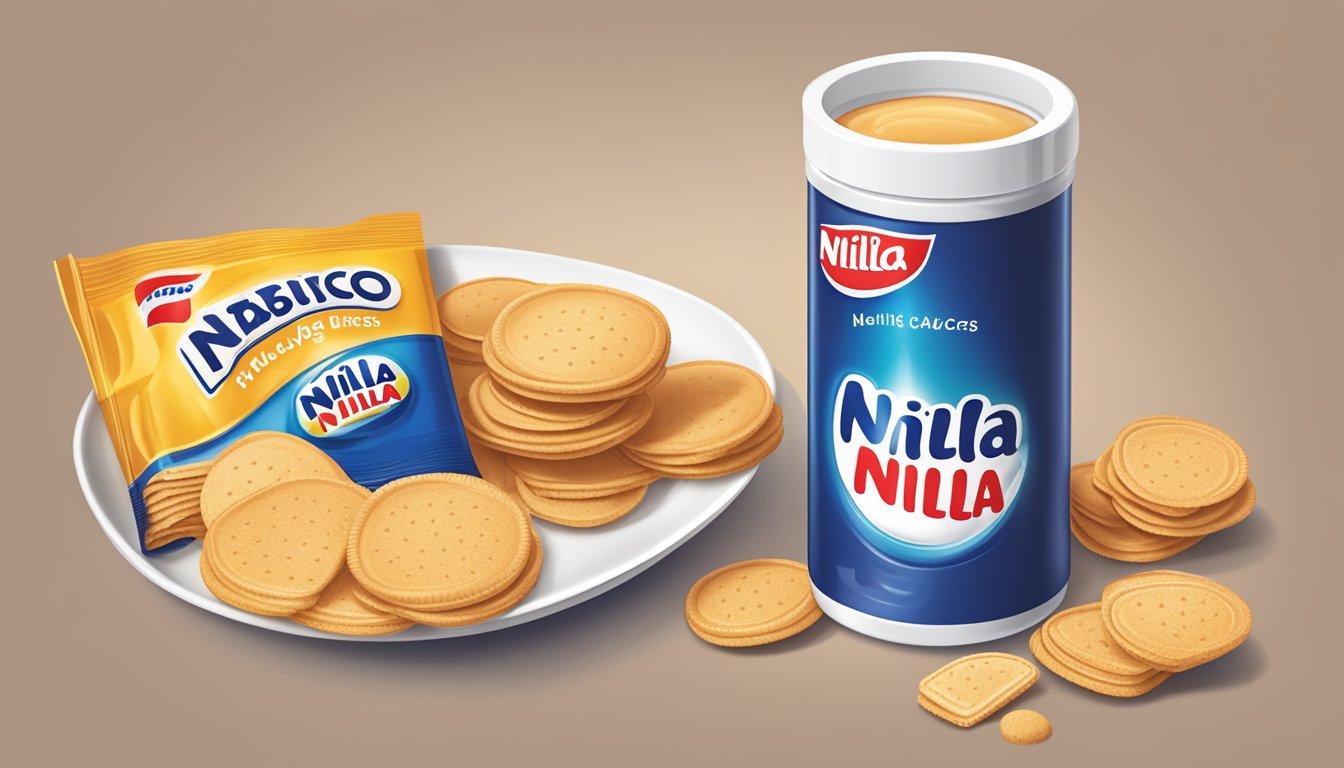 A plate with a small pile of Nabisco Nilla Wafers and a measuring cup next to it