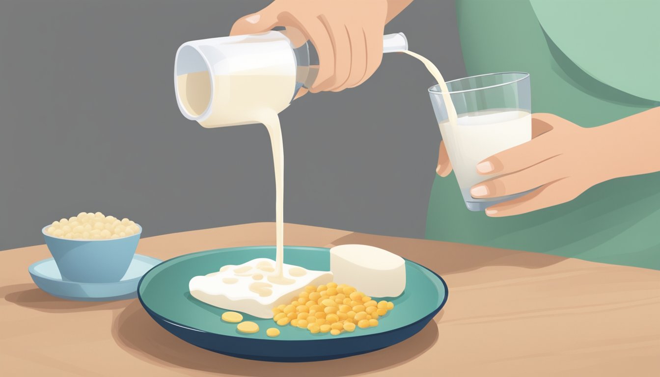 A person pouring Silk soy milk into a glass, with a diabetes-friendly meal on the table beside it