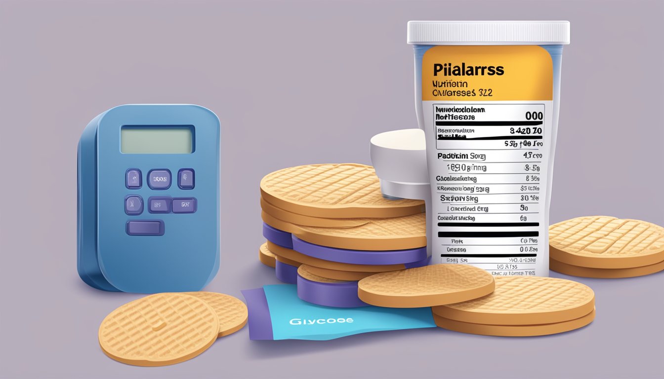 A stack of Nilla Wafers with a nutrition label and a hand holding a glucose meter