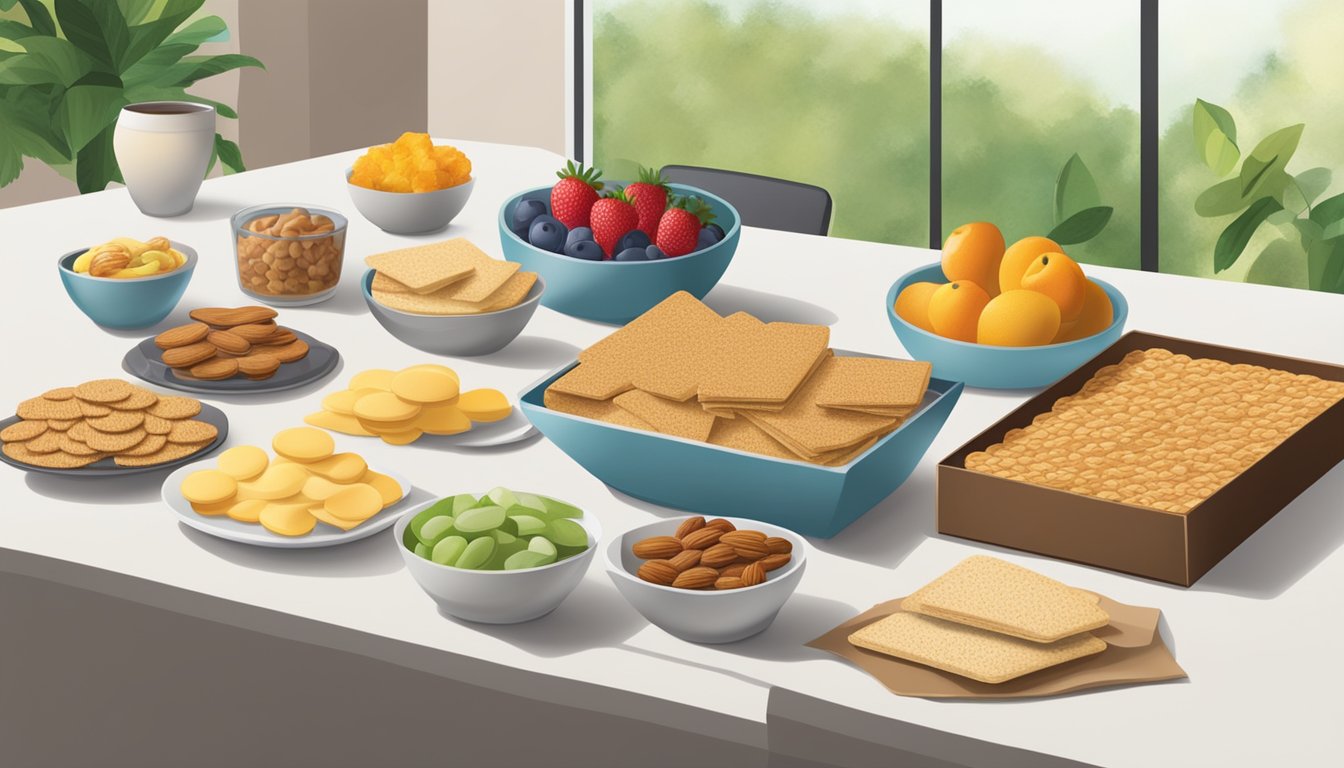 A table set with a variety of healthy snack options, including fruits, nuts, and whole grain crackers, with a box of Nilla Wafers in the background