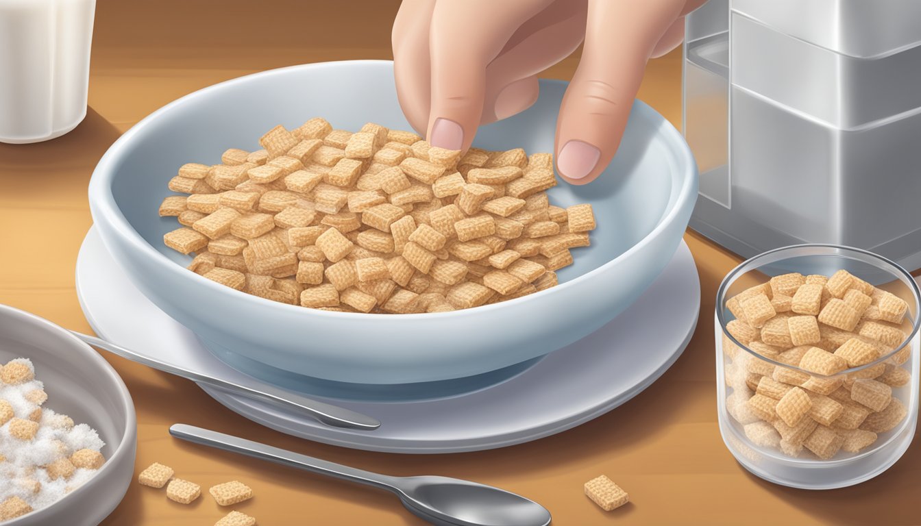 A diabetic measuring out a portion of Frosted Mini-Wheats onto a plate with a measuring cup nearby