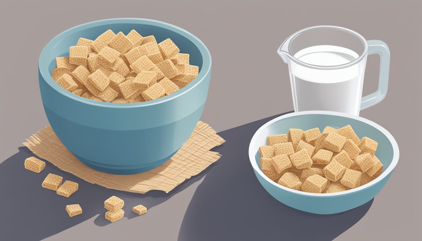 A bowl of Frosted Mini-Wheats with a measuring cup next to it, indicating portion size for a diabetic