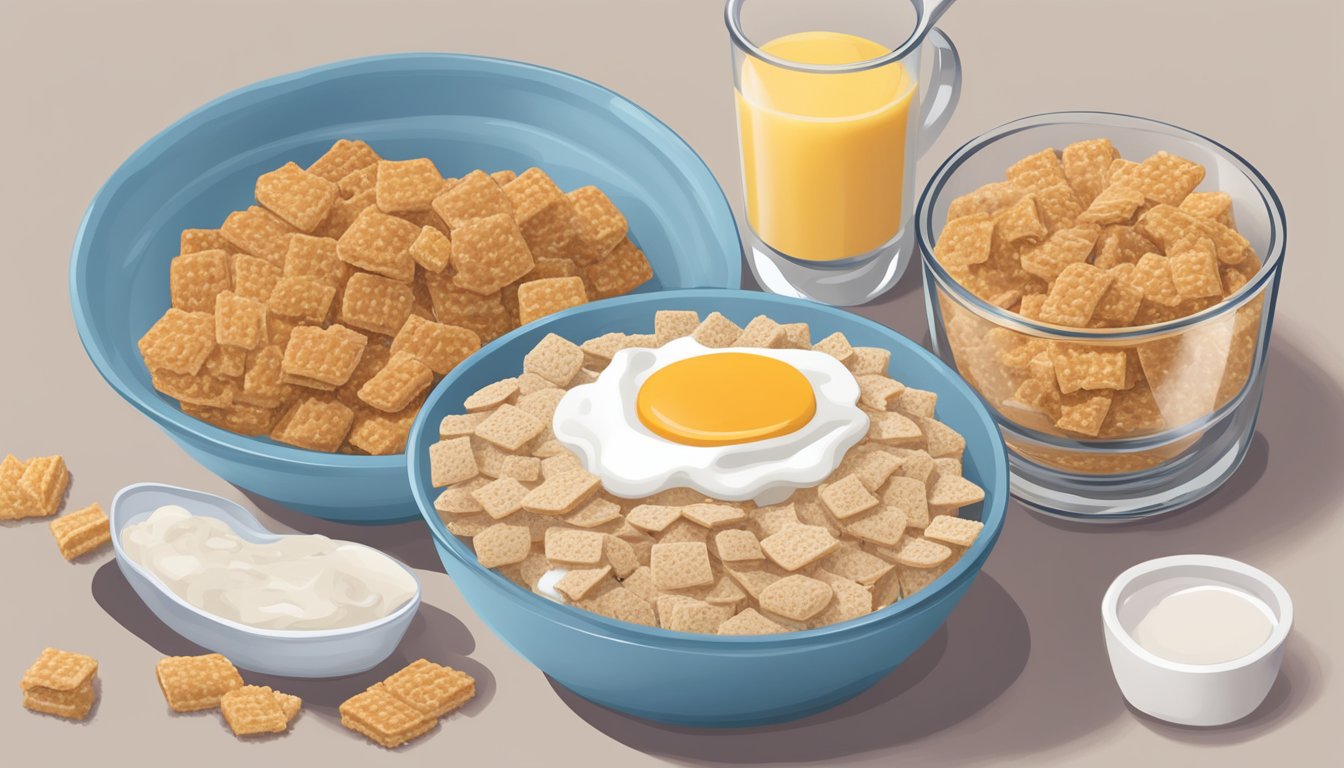 A bowl of Frosted Mini-Wheats with a measuring cup showing a recommended portion size for a diabetic. Surrounding the bowl are various healthier breakfast options like oatmeal, fruit, and yogurt