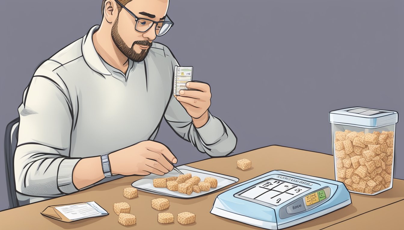 A diabetic carefully counting out Frosted Mini-Wheats from a box, with a nutrition label and a blood glucose monitor nearby