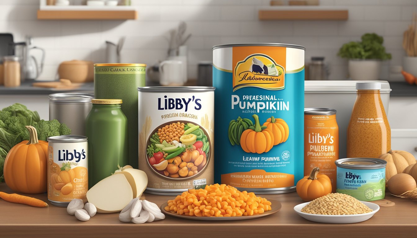 A can of Libby's canned pumpkin surrounded by a variety of diabetic-friendly foods, such as fresh vegetables, lean proteins, and whole grains, on a kitchen counter