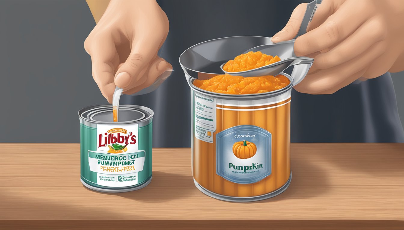 A diabetic measuring out a portion of Libby's canned pumpkin using a measuring cup