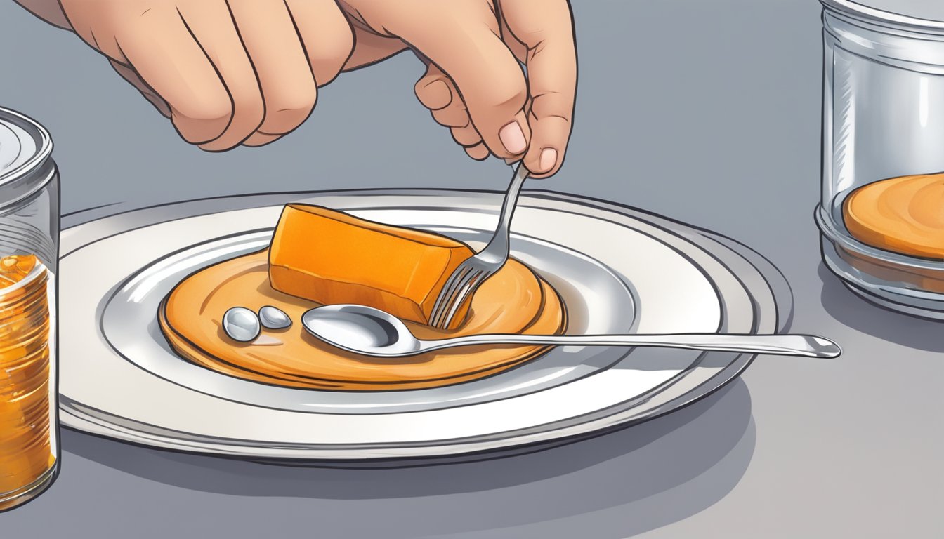 A diabetic measuring out a portion of Libby's canned pumpkin onto a plate with a spoon